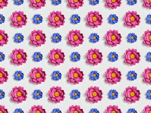 Rosa Und Blaue Papierblumen Auf Grauem Nahtlosem Hintergrundmuster — Stockfoto