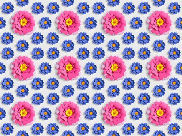 Verschiedene Rosa Und Blaue Papierblumen Auf Grauem Nahtlosem Hintergrundmuster — Stockfoto