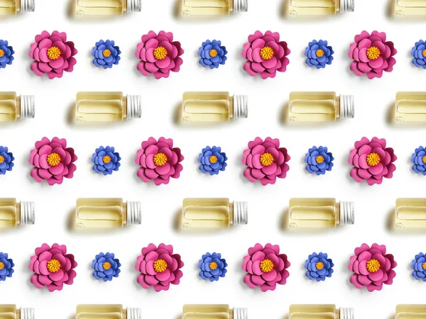 pink and blue paper flowers, bottles with shampoo on white, seamless background pattern