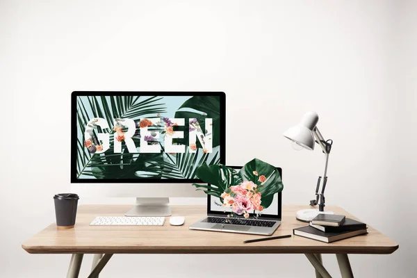 Computer Green Lettering Monstera Leaves Illustration Monitor Wooden Table — Stock Photo, Image