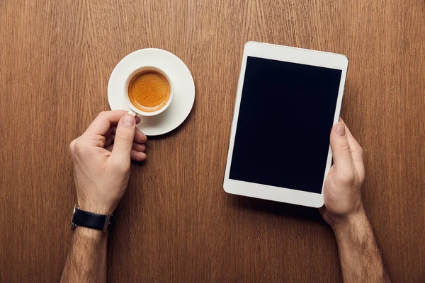 Cropped View Man Holding Digital Tablet Blank Screen Cup Coffee — Stock Photo, Image