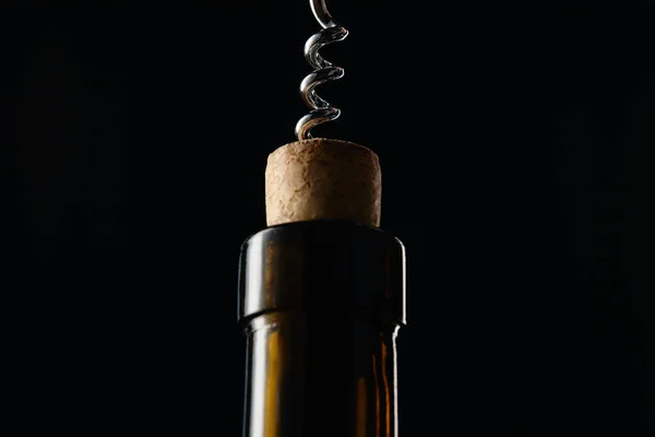 Close View Glass Wine Bottle Wooden Cork Corkscrew Isolated Black — Stock Photo, Image