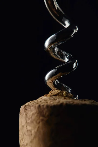 Close View Wooden Cork Corkscrew Isolated Black — Stock Photo, Image