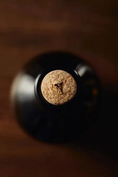 Top View Wine Bottle Wooden Cork Brown Surface — Stock Photo, Image