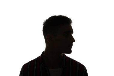 Çizgili gömlek adam Silhouette uzakta beyaz izole bakıyor