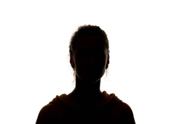 Silhouette of woman looking at camera isolated on white clipart
