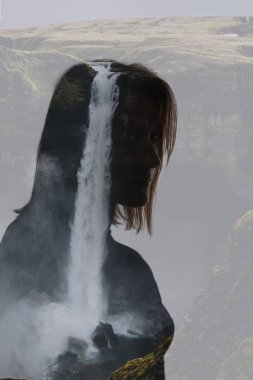 Double exposure of pensive woman and waterfall  clipart