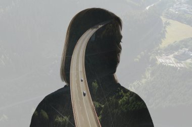Double exposure of pensive young woman and road  clipart