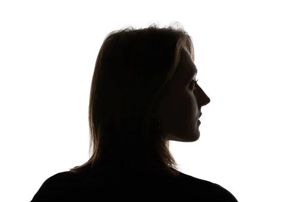 Silhouet Van Jonge Vrouw Weg Kijken Geïsoleerd Wit — Stockfoto