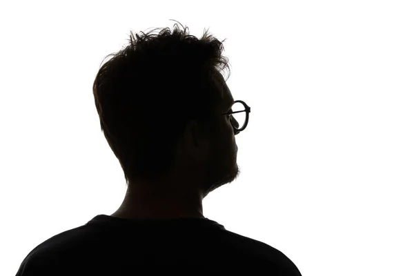 Silhueta Homem Óculos Olhando Para Longe Isolado Branco — Fotografia de Stock