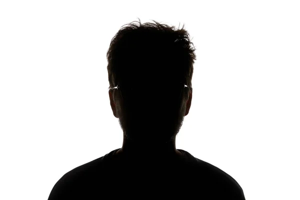 Silhouet Van Mens Een Bril Kijken Naar Camera Geïsoleerd Wit — Stockfoto