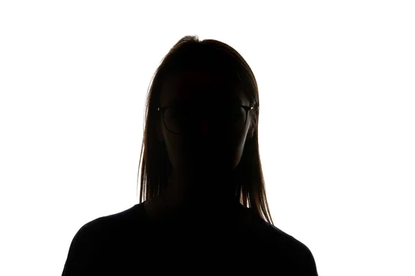 Silhouette Einer Frau Mit Brille Die Isoliert Auf Weiß Die — Stockfoto