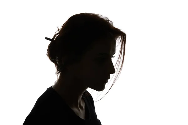 Silhouette Fundersam Kvinna Tittar Ner Isolerade Vitt — Stockfoto