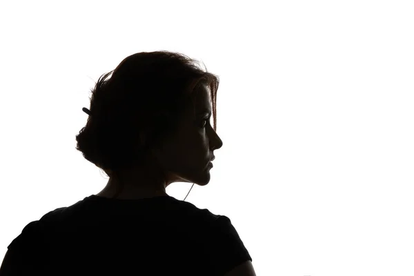 Silhouet Van Pensic Vrouw Zoek Weg Geïsoleerd Wit — Stockfoto