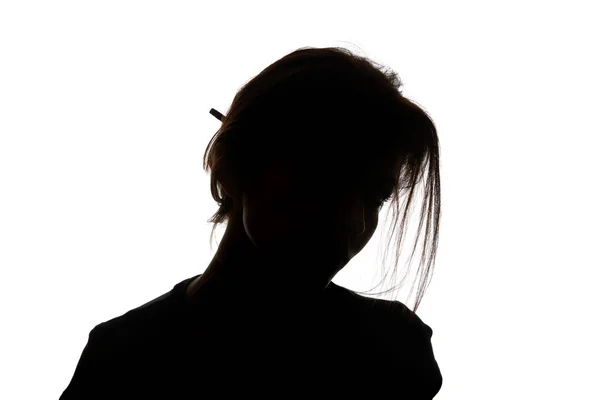 Silhouet Van Vrouw Kijken Naar Camera Geïsoleerd Wit — Stockfoto