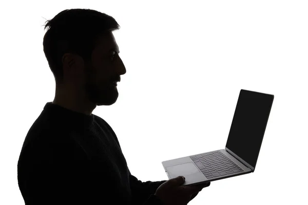 Silhouette Man Holding Laptop Blank Screen Isolated White — Stock Photo, Image