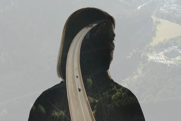 Double Exposure Pensive Young Woman Road — Stock Photo, Image