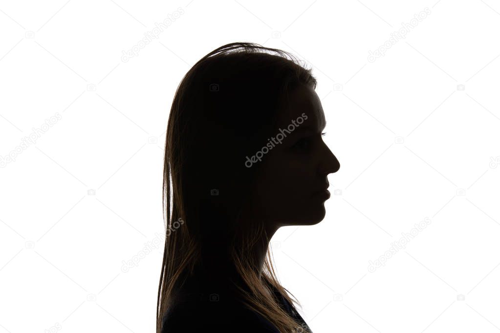 Silhouette of woman with straight hair isolated on white