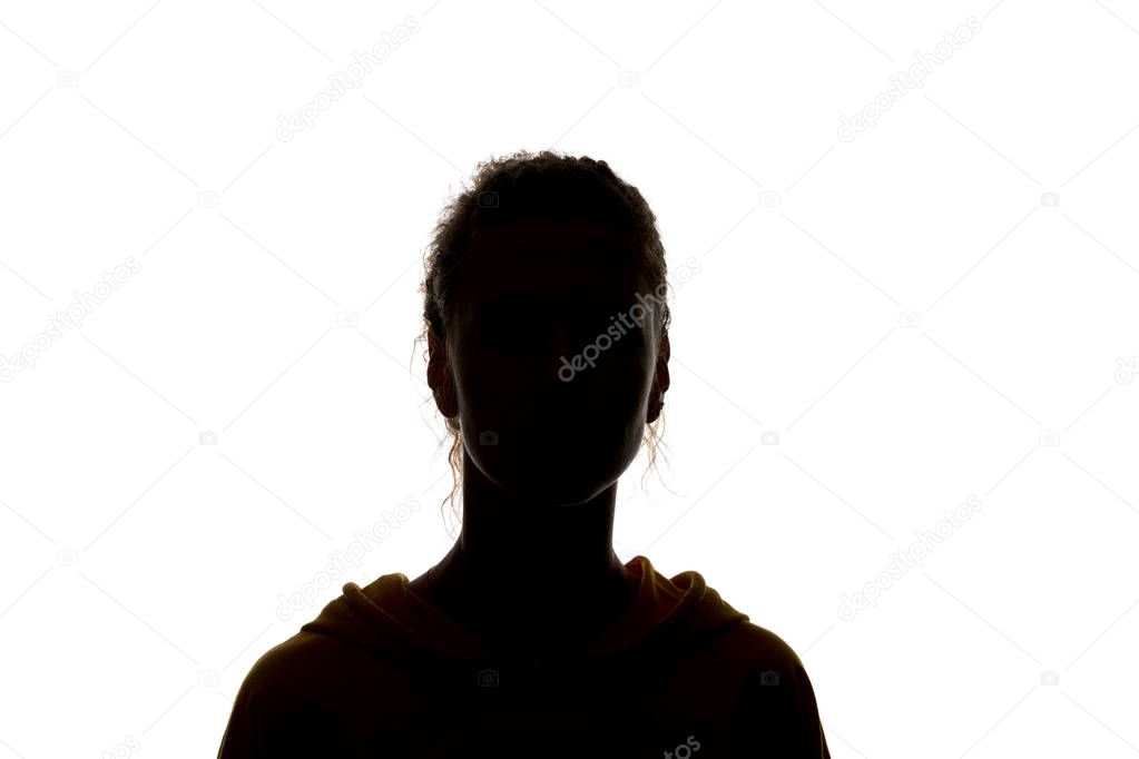 Silhouette of woman looking at camera isolated on white