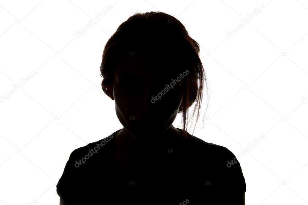 Silhouette of woman looking at camera isolated on white