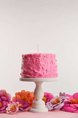 pembe doğum günü pastası kek üzerine mum ile stand kağıt çiçekler Grey yakınındaki