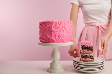 tatlı doğum günü pastası pembe üzerinde beyaz daire içinde parçası yakın duran kadın kırpılmış görünümünü