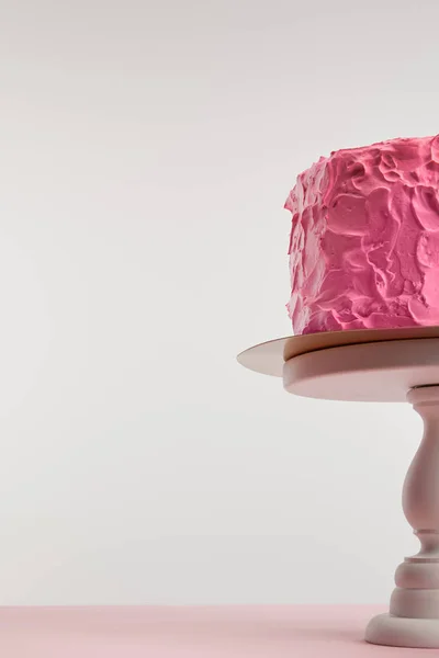 Bottom View Pink Baked Birthday Cake Cake Stand Isolated Grey — Stock Photo, Image