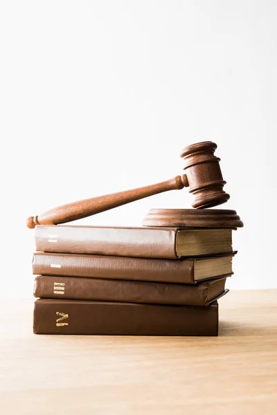 Gavel Pile Brown Books Wooden Table Isolated White — Stock Photo, Image