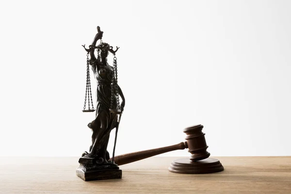 Bronze Statuette Scales Justice Wooden Gavel Table Isolated White — Stock Photo, Image