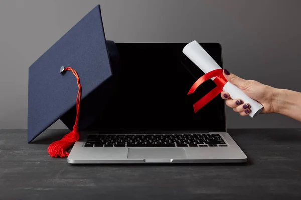 Cropped View Woman Holding Diploma Laptop Blank Screen Academic Cap — Stock Photo, Image