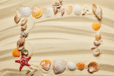 top view of frame with seashells starfish and corals on sandy beach clipart
