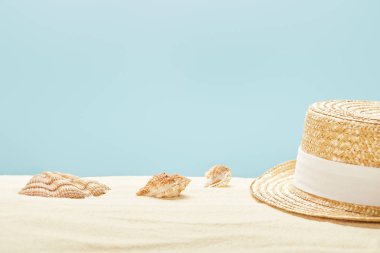 selective focus of straw hat near seashells on sandy beach in summertime isolated on blue clipart