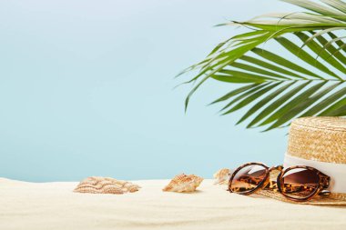 selective focus of sunglasses and straw hat near seashells and green leaves isolated on blue clipart