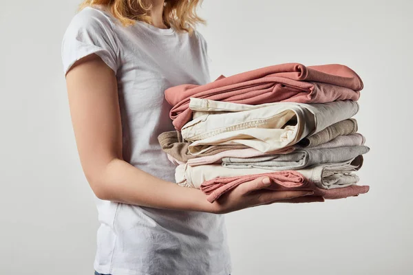 Cropped View Woman Holding Folded Ironed Clothes Isolated Grey — Stock Photo, Image