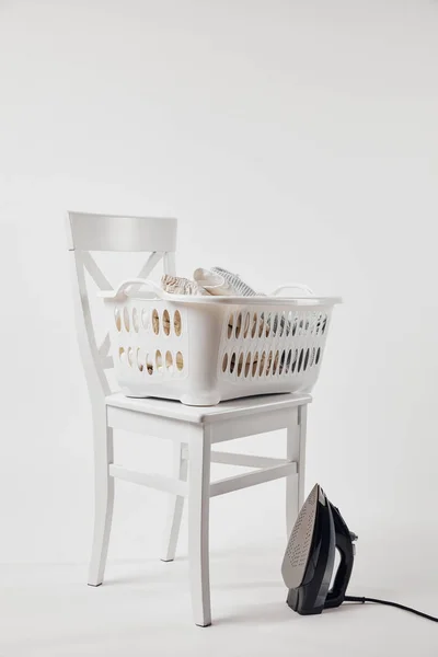 White Chair Laundry Basket Clothes Iron Grey — Stock Photo, Image