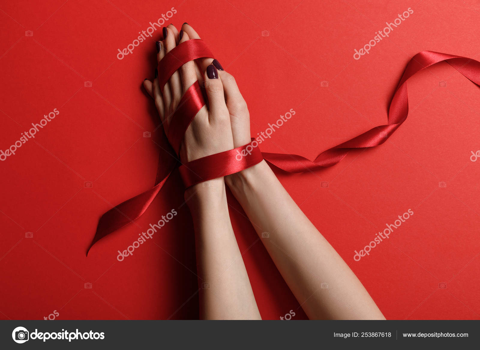 Partial View Woman Tied Silk Ribbon Red Background Stock Photo by