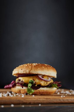 koyu arka planda et, peynir ve soğan ile baharat ve lezzetli burger