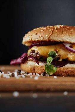 koyu arka planda et, peynir ve soğan ile baharat ve lezzetli burger seçici odak