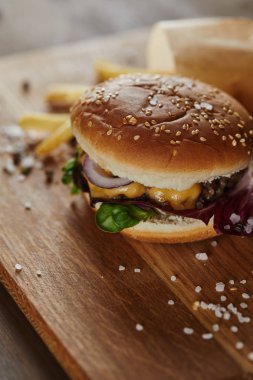 tuz, biber, patates kızartması ve ahşap yüzeyde taze lezzetli burger 