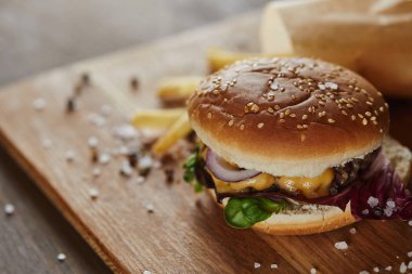 tuz, biber, patates kızartması ve ahşap yüzeyde lezzetli burger seçici odak 