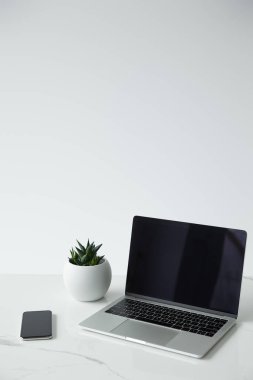 boş ekran, akıllı telefon ve gri üzerinde izole saksı ile Laptop