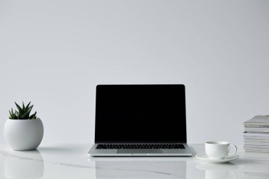 boş ekran ile Laptop, saksı, kahve ve yığılmış Dergiler gri izole
