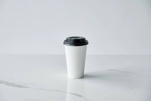 White Paper Cup Black Cap White Marble Surface Isolated Grey — Stock Photo, Image
