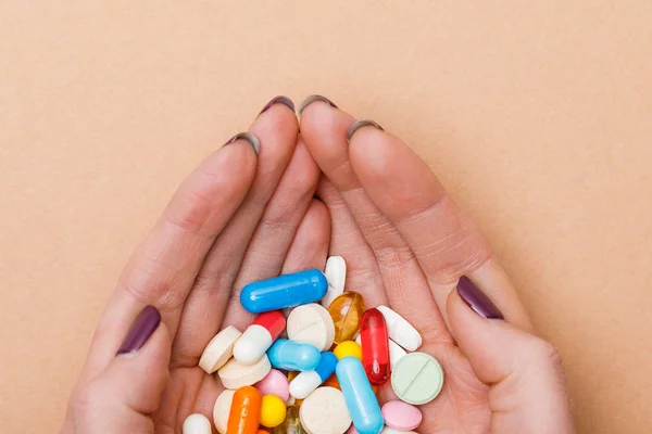 Partial View Woman Holding Colorful Pills Hands Brown — Stock Photo, Image