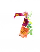 number 7 with paper cut bright flowers and leaves isolated on white