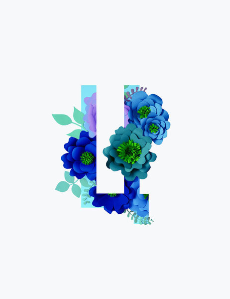 Cyrillic letter with paper cut blue and purple flowers and leaves isolated on white