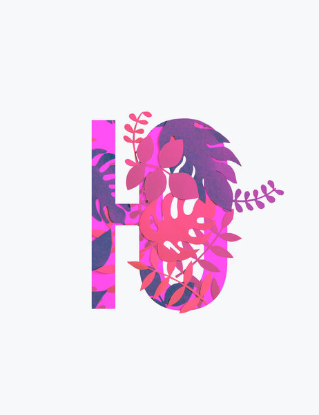 Cyrillic letter with paper cut pink and purple leaves isolated on white
