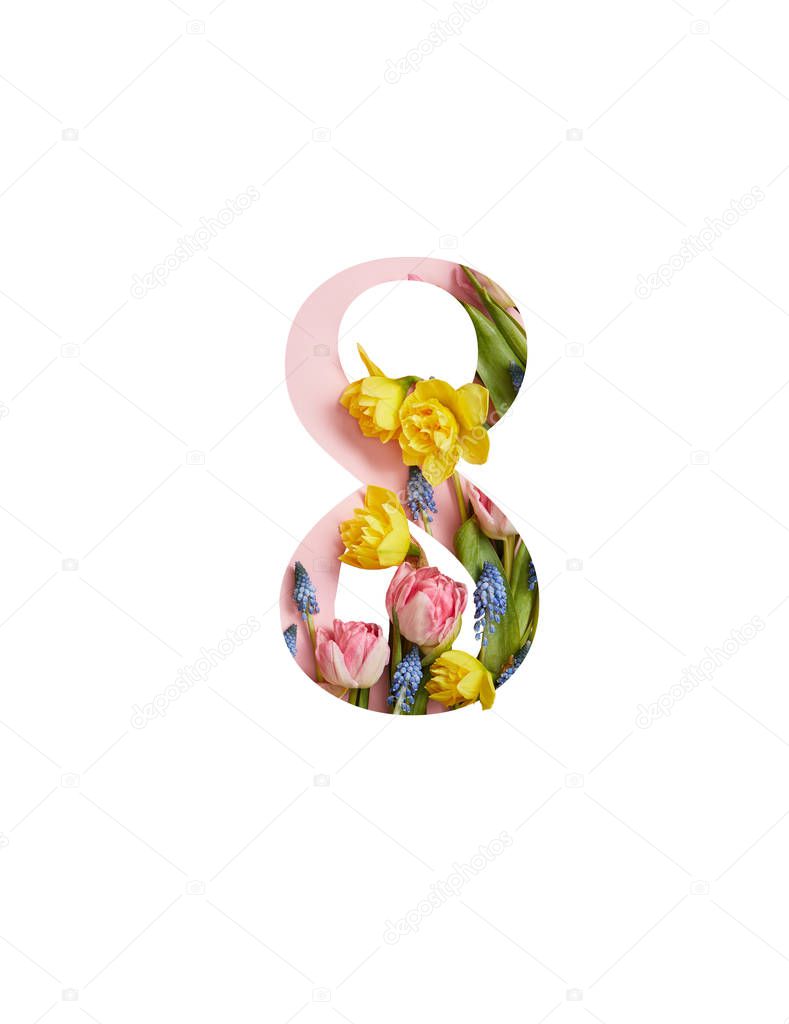 number 8 with yellow, pink flowers and green leaves isolated on white