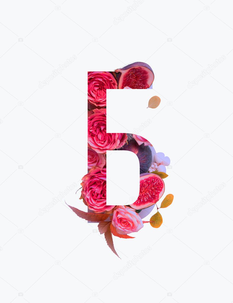 Cyrillic letter with pink roses and figs isolated on white