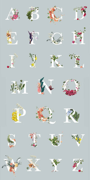 multicolored bright letters with plants and flowers isolated on grey, English alphabet 